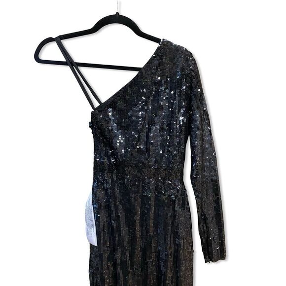 Mac Duggal 10788 SEQUINED ONE SLEEVE HIGH SLIT GOWN Black One-Shoulder Dress  2 - Picture 7 of 9